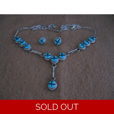 Silver  w/  Turquoise & Jet Inlay  18" Long  with Post Earrings by Wilton & Carol Niiha